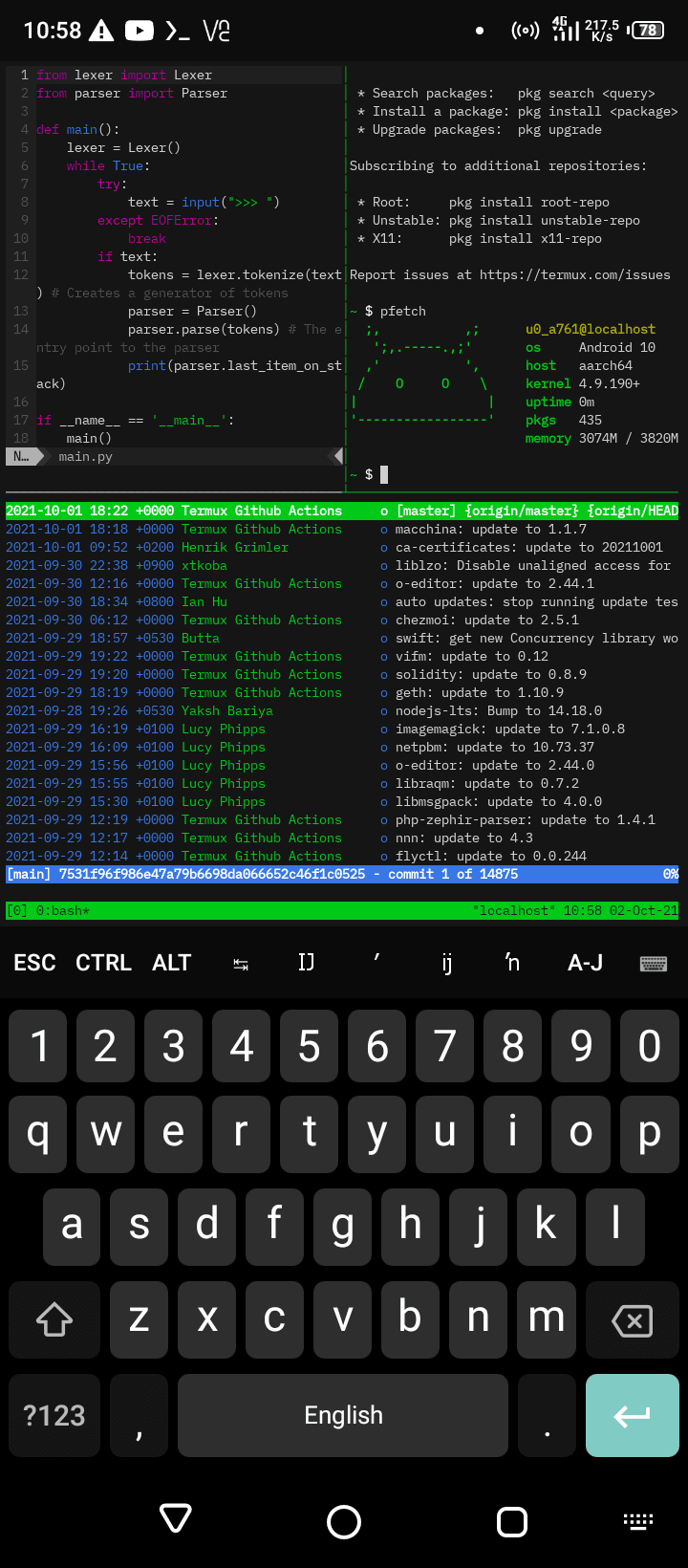 tmux running on Termux with Vim, pfetch, and tig